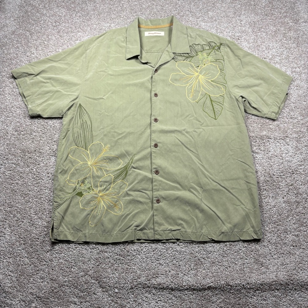 Tommy Bahama Mens XL Silk Hibiscus Embroidered Camp Shirt Sage Green Floral‎